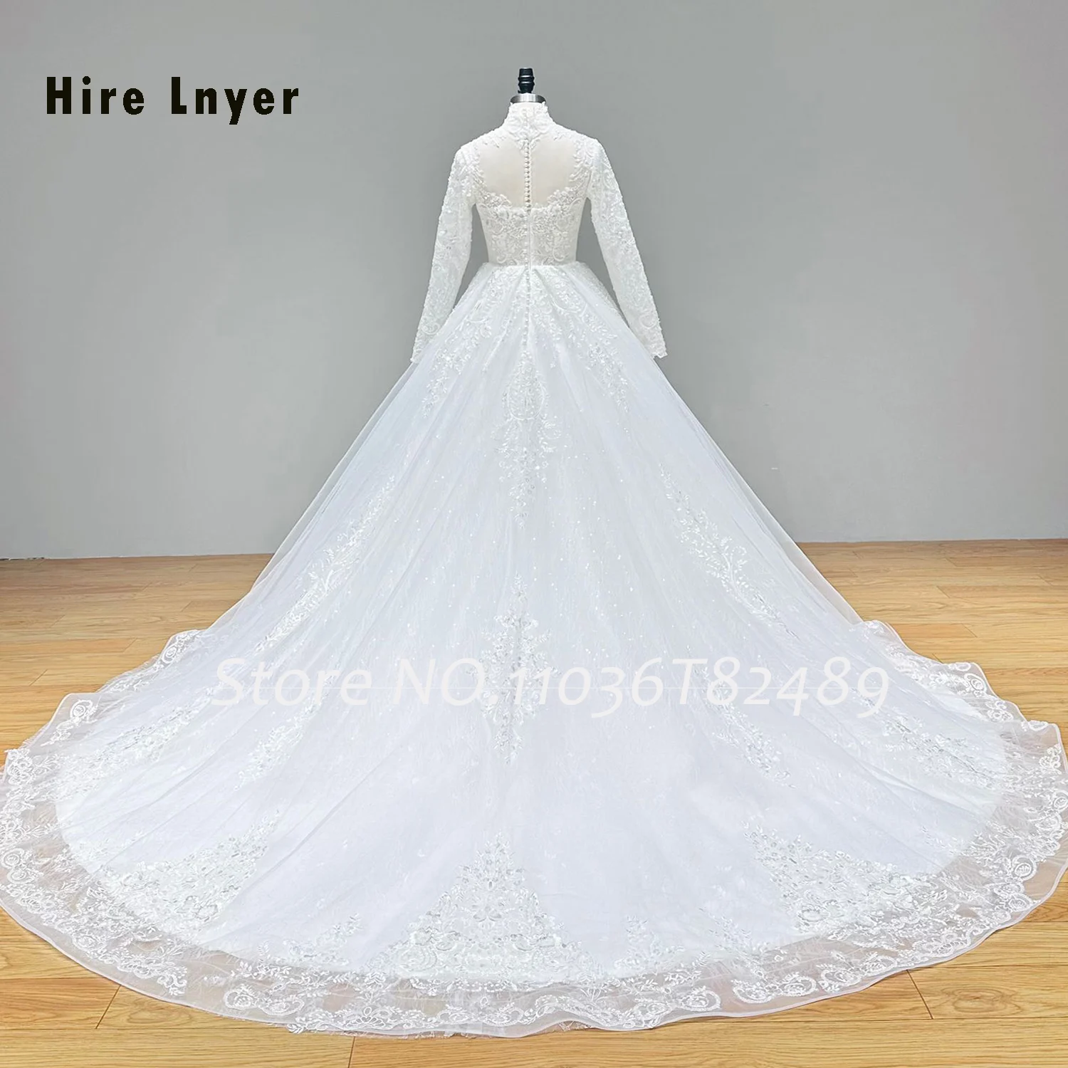 Hire Lnyer High Neck Long Sleeve Shiny Beads Pearls Sequins Princess A-Line Wedding Dresses Real Office Photos Video