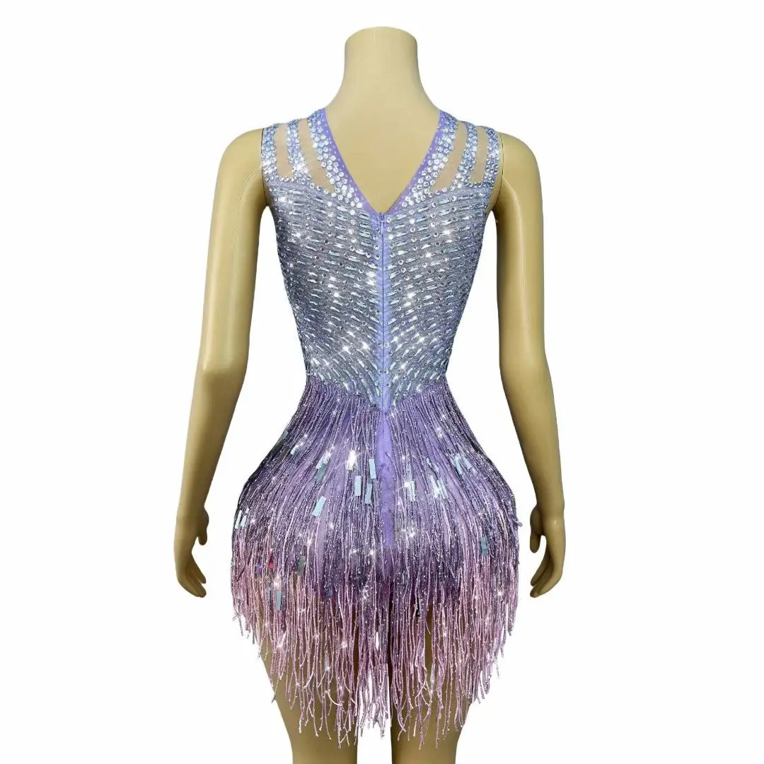 

Piaoliugaocha Luxury Evening Dress Shining Purple Water Diamond Glitter Perspective Mesh Tassel Skirt Sexy Latin Dance Dress