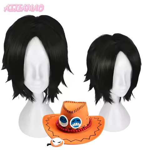 Anime Portgas D. Ace Short Black Wig Heat Resistant Synthetic Hair Cosplay Wigs + Wig Cap