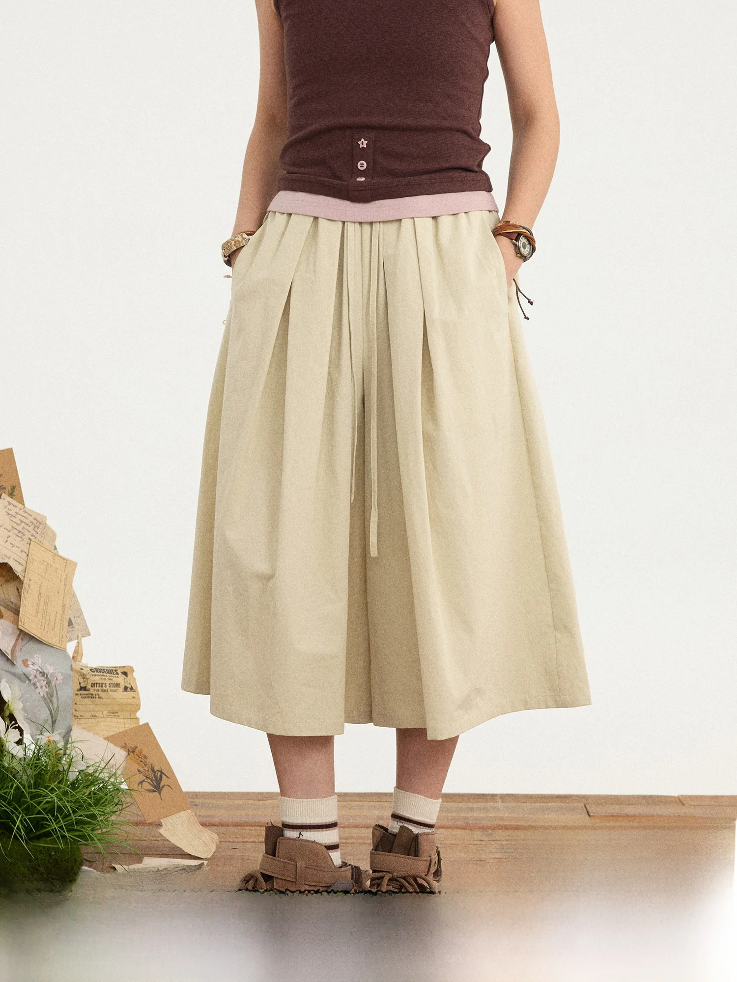 Retro Full Cotton Elastic Waist Loose Casual Wide Leg Seven-Foot Pants Women Summer High Waist Straight Tube Loose Fit Trousers