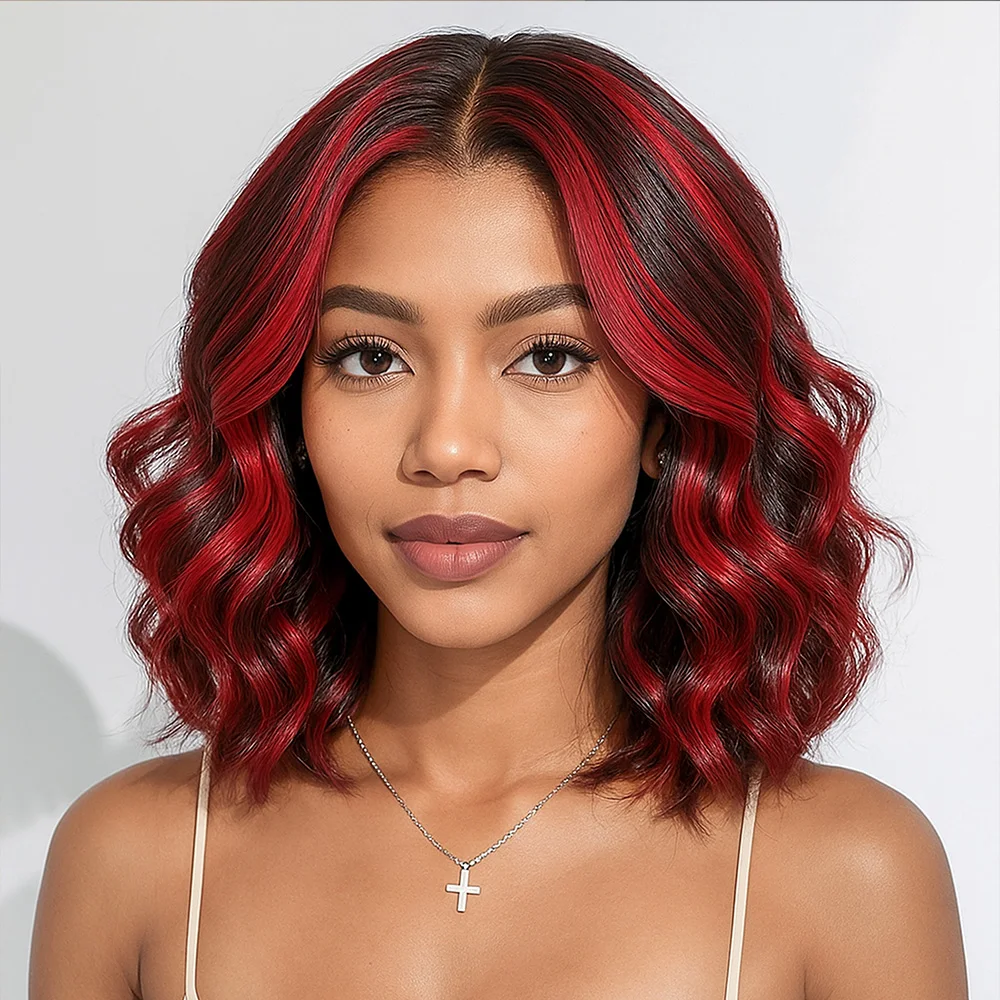 

1B/99J Body Wave 5x5 Glueless Short Bob Wig Human Hair PrePlucked Ombre Highlight Red With Black Colored 13x4 HD Lace Front Wigs