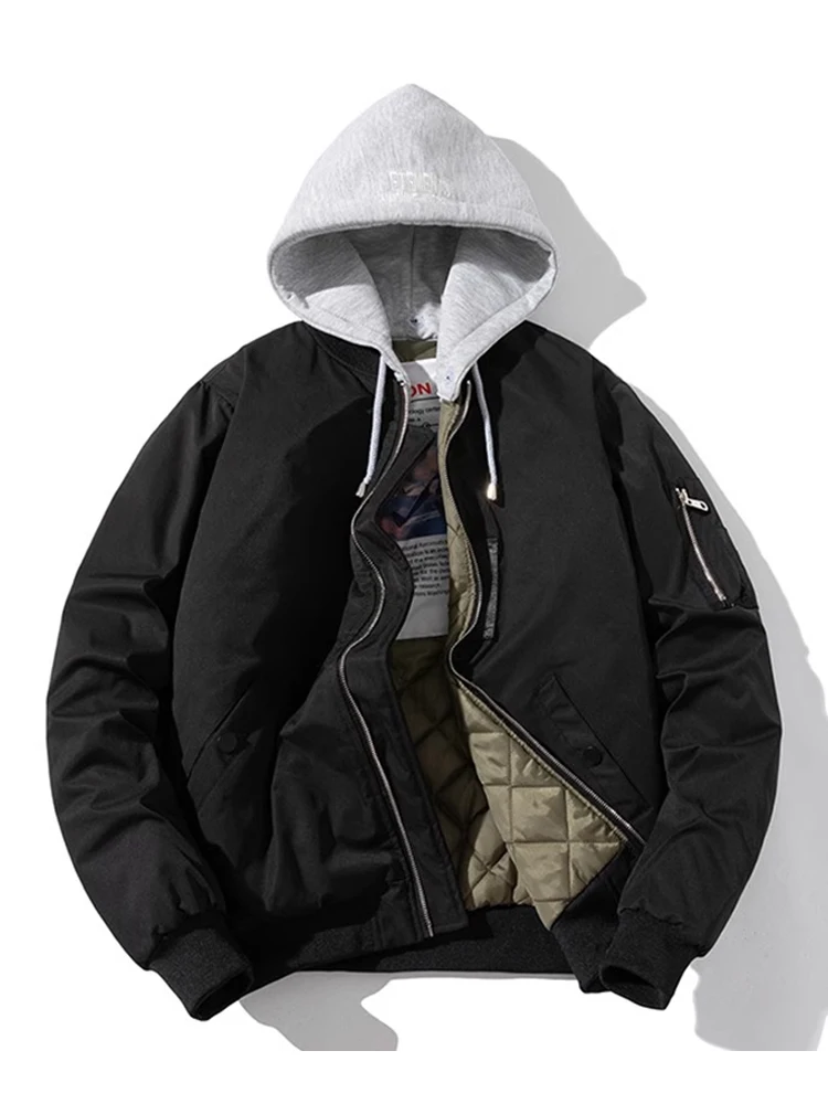 

Thiened Cotton Jaet Baseball Sle Hooded Pilot Coat ex Couple Matching Pure Color Autumn Winter Warm Faionable Str...