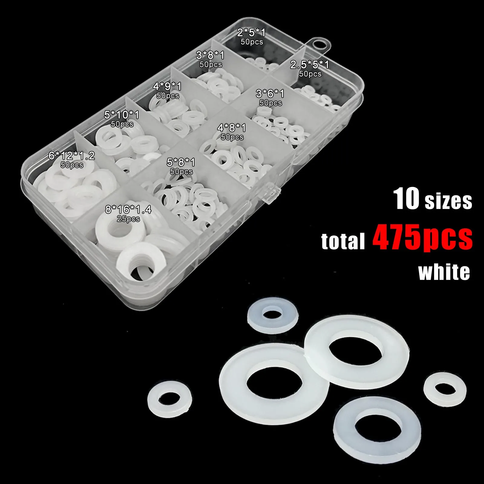 Total 475/1150pcs M2 M2.5 M3 M4 M5 M6 M8 White Black Plastic Nylon Flat Washer Plain Insulation Gasket Ring Assortment Kit Set