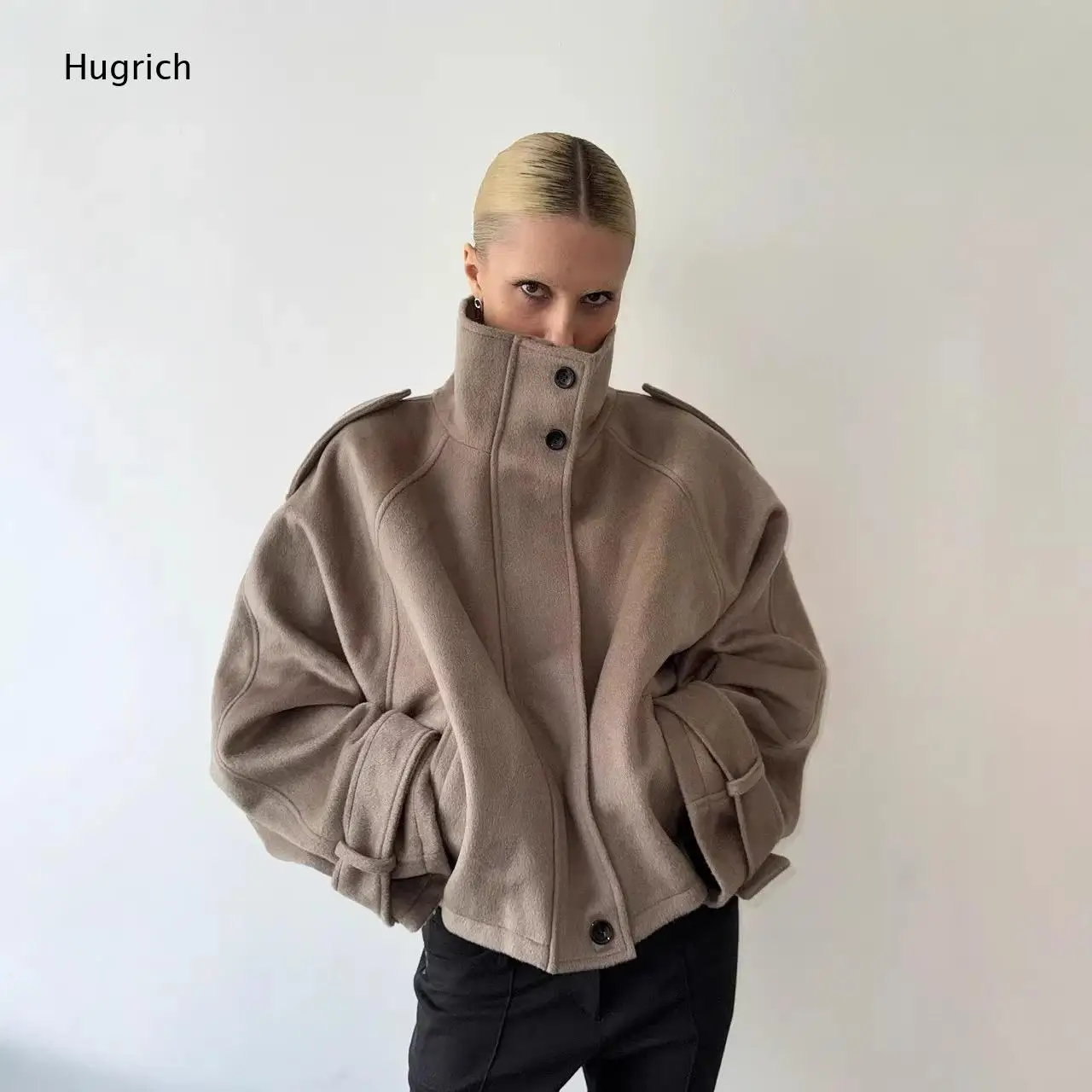 High Collar Wool Blend Cropped Jacket Batwing Cuffed Sleeve Button Down Oversized Coat for Women Fall Street Outerwear