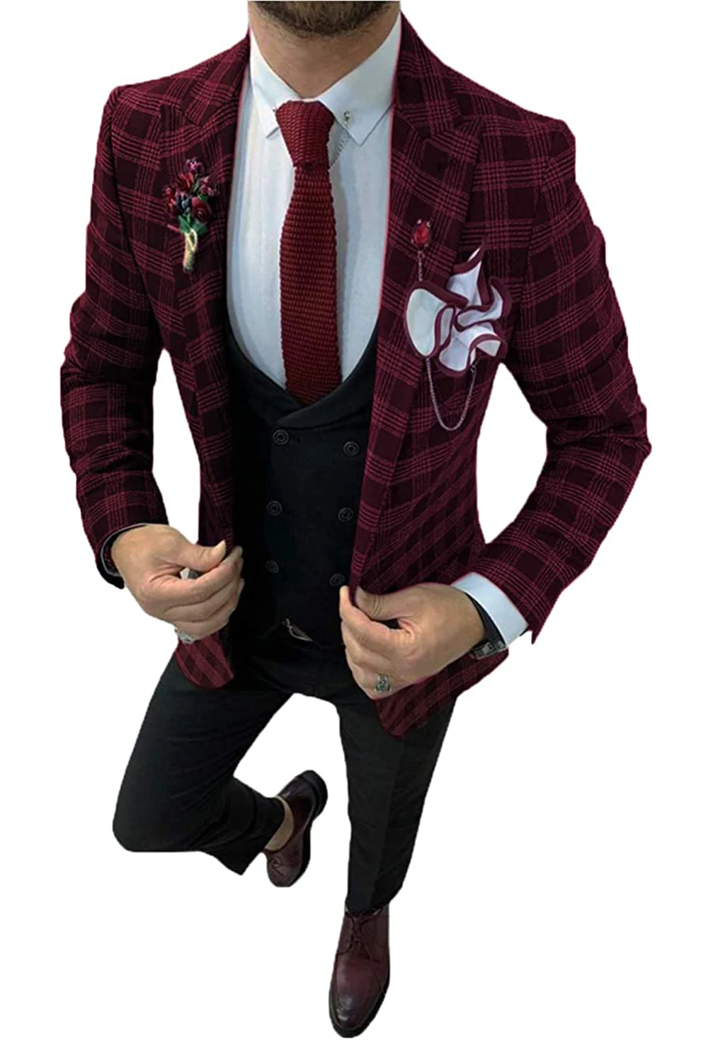 Ternos xadrez masculina de alta qualidade notch lapela borgonha smoking ajuste fino casaco de lazer padrinhos para casamento (blazer + colete + calças)