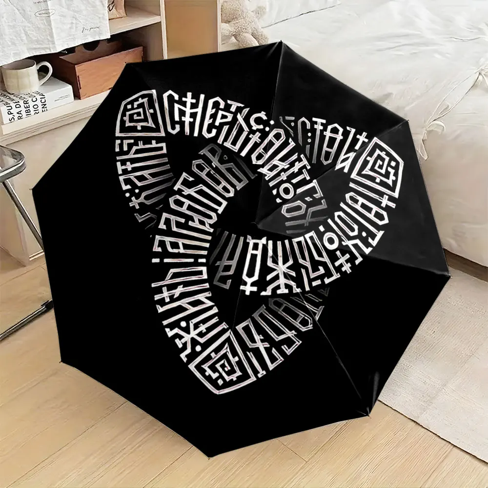 Black Umbrella with Geometric Tribal Symbol Pattern portable waterproof sun rain umbrella for outdoor travel beach
