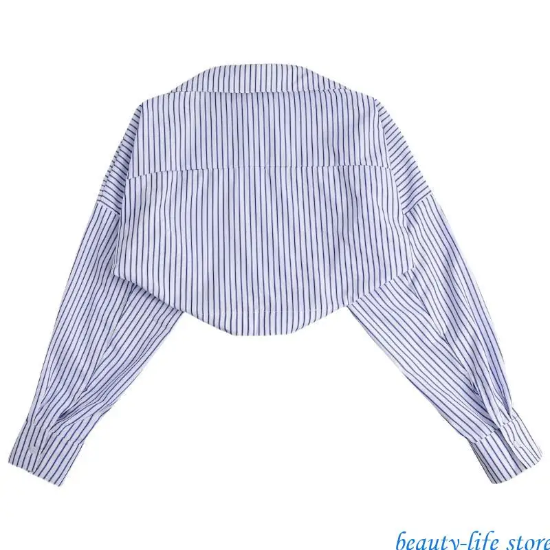 

Trendy Striped Pattern Faux Collar Outerwear for Women Long Sleeve Lapel Open Front Jackets Half Shirt Crop Top Shrug 517D