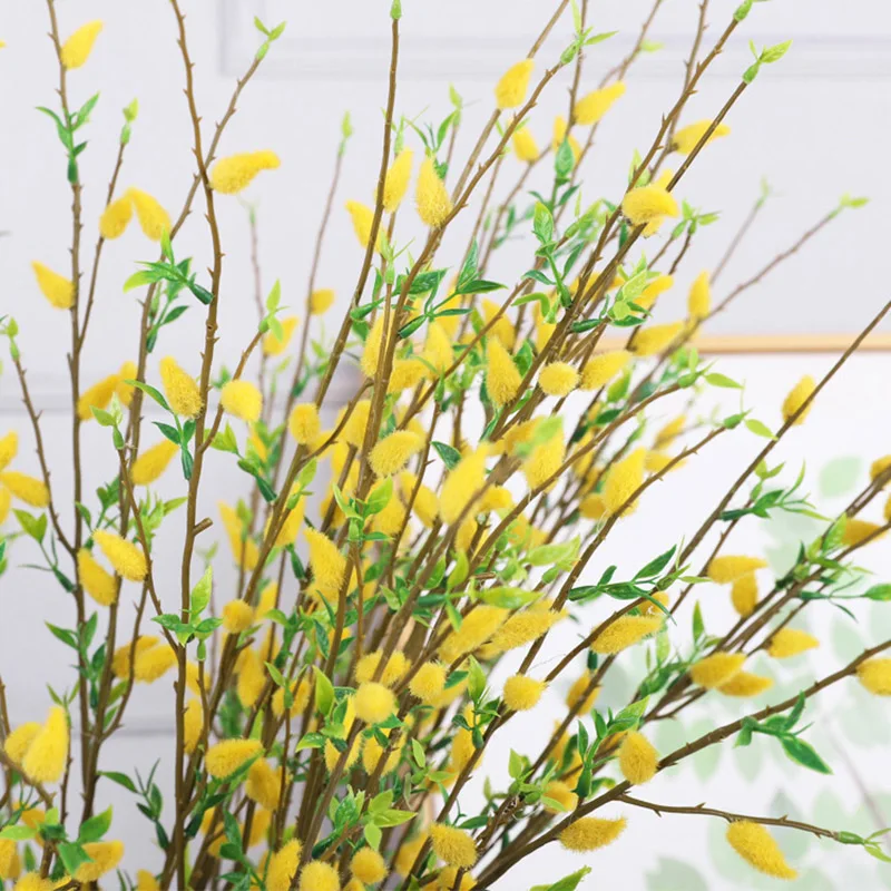 Yellow Silver Willow Artificial Flowers 3-prong Desktop Ornaments Plastic + Wire European Living Room Decoration Fake Plant