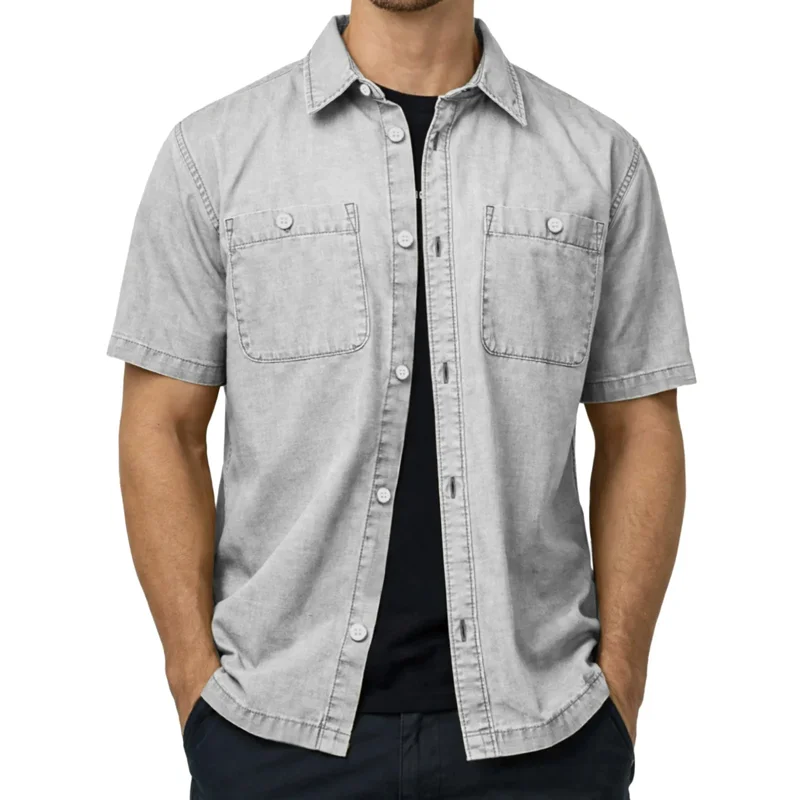 

2026 Summer Men's Washed Cotton Short Sleeve Shirts Vintage Style Turn Down Collar Casual Blouse Male Quality Solid Color Shirt