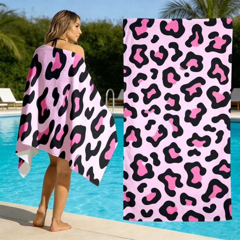 Bright Pink Leopard Style Gradient Pink Base Black White Leopard Spot Pattern Print Quick Dry Pool Beach Towel