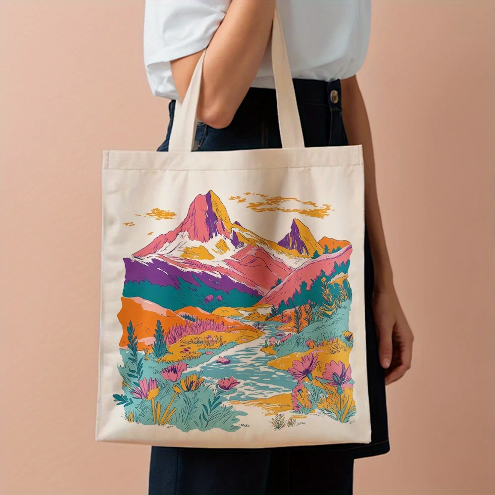 1pc, Mountain Landscape Canvas Tote Bag Reusable Grocery Bags (35.05cm x 40.13cm), Stylish Tote for Daily Shopping, Commuting, T