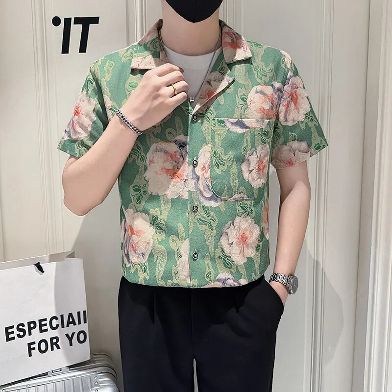 

Floral Printed V-Neck Shirts for Men Summer Elegant Short Sleeved Men's Flower Shirt Blouse Vintage Street Casual Mens Clothing
