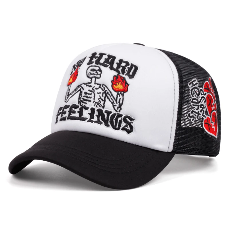 2026 New Mesh Hat Fire Skull Rose Love Embroidered Baseball Hat Outdoor Daily Commuter Decoration Sunshade Hat Unisex HipHop Hat