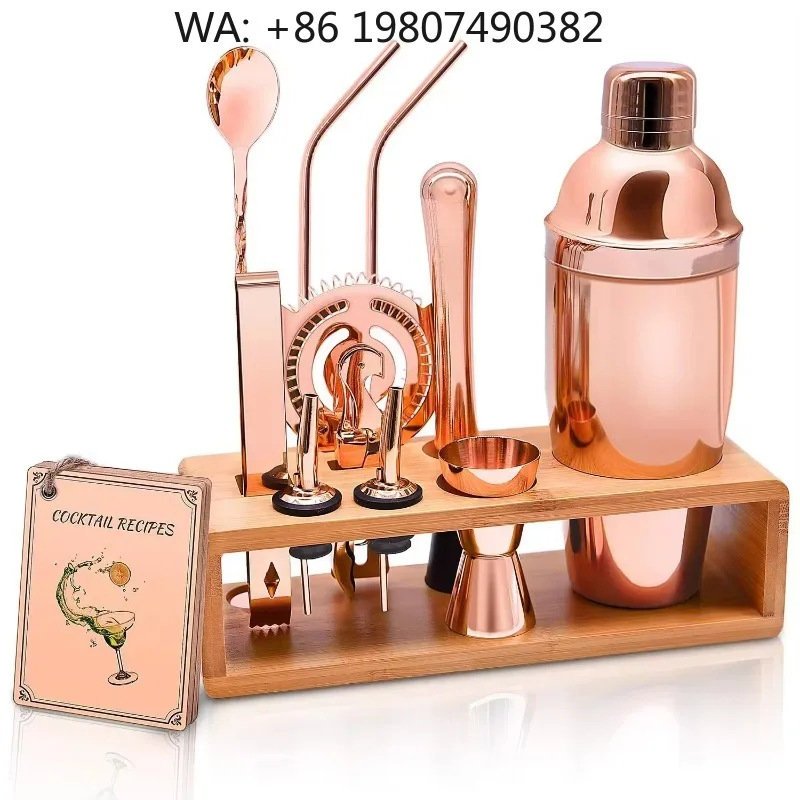 15Pcs Stainless Steel Bartender Mixing Kit Boston Cocktail Shaker Full Bar Accessories With Natural Bamboo Display Stand For Hom