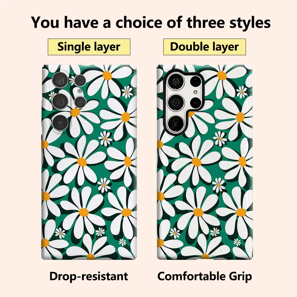 Green Daisy Luxury Fashion Full Lens Protective Case for Samsung Galaxy S26 S25 S24 A56 A36 Plus Ultra