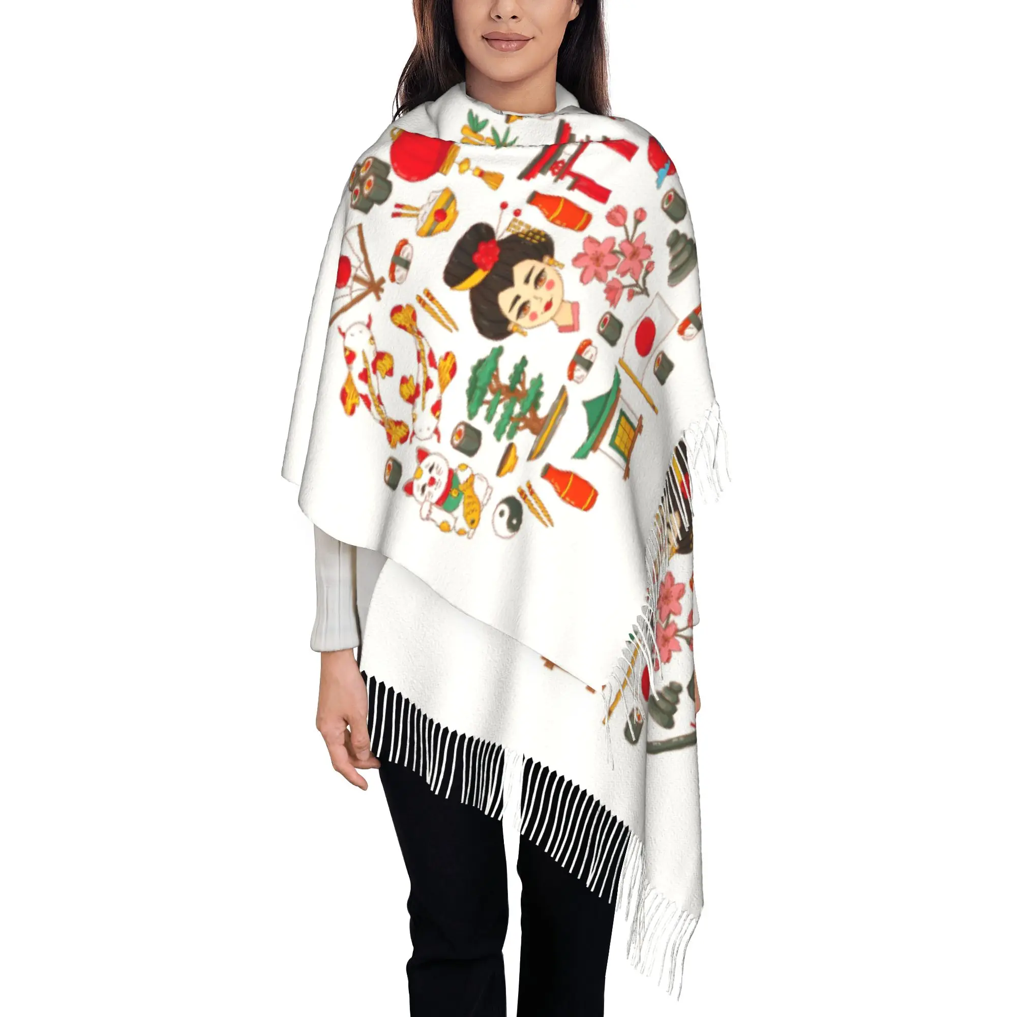Custom Ladies Long  Japanese Geisha Koi Oriental P Scarves Women Winter Fall Thick Warm Tassel Shawl Wraps  Scarf
