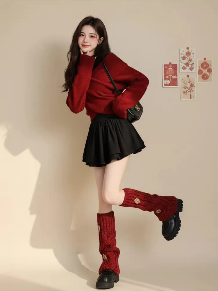 레드 크로스 디자인 니트 여성용 겨울 신년 의상 슬림 A라인 스커트 V넥 롱 슬리브 탑