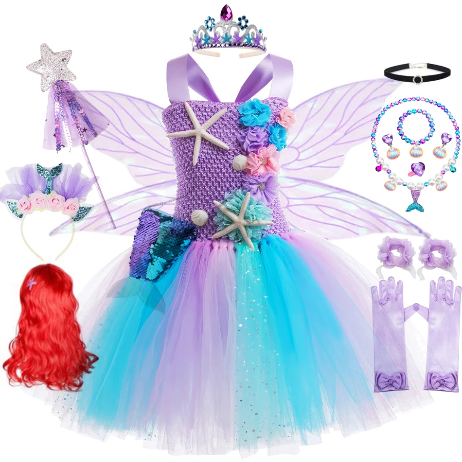 Girls Fairy Tutu Dress Mermaid Charms Birthday Party Costume Princess Kids Dresses With Flower Headband