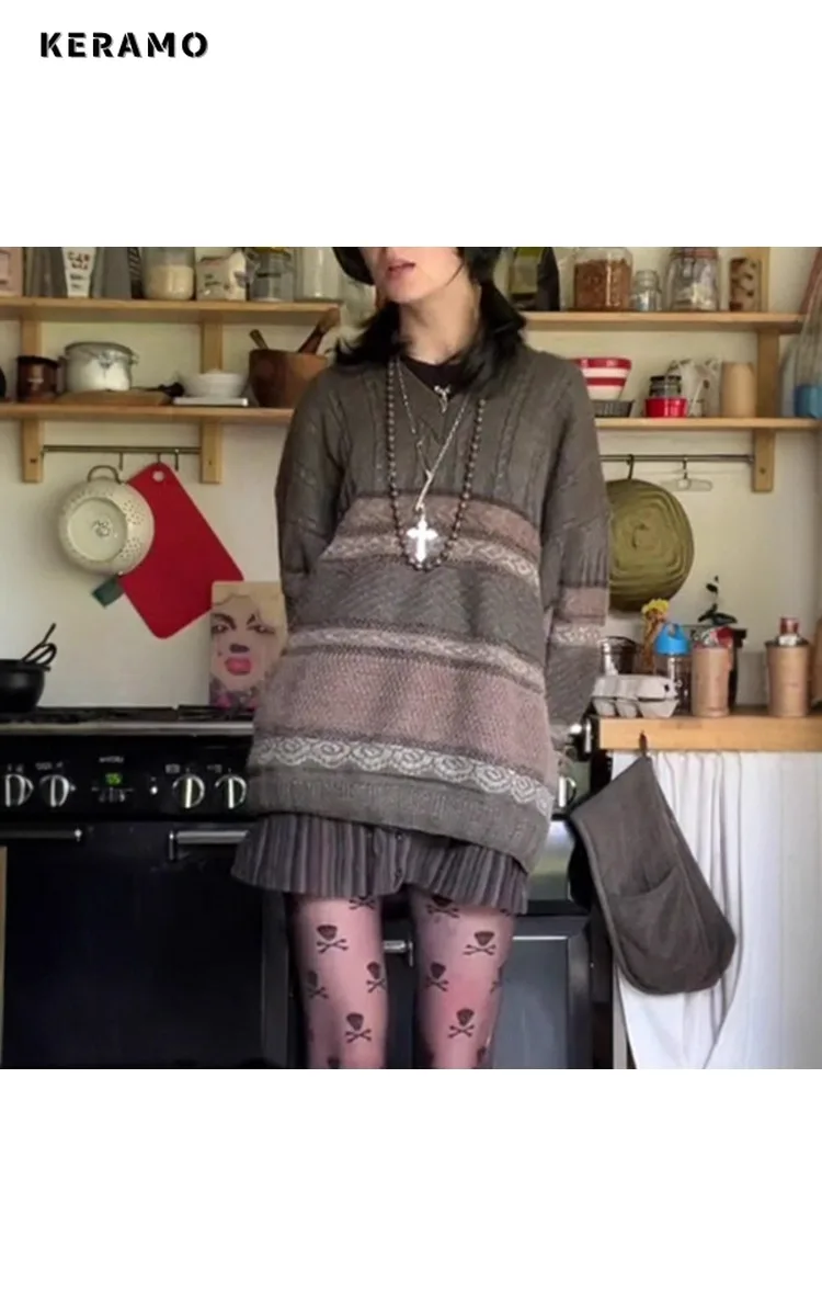 

Women's Vintage Striped Printting Knitted Long Sleeve Pullovers 2025 Winter Casual Fashion V-Neck Loose Female Sweater Top