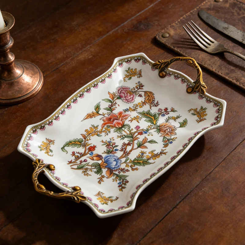 Villa and Clubhouse Light Luxury Vintage Ceramic Tray European and American Style Double-Handled Fruit Plate Living Room Decorat view 4
