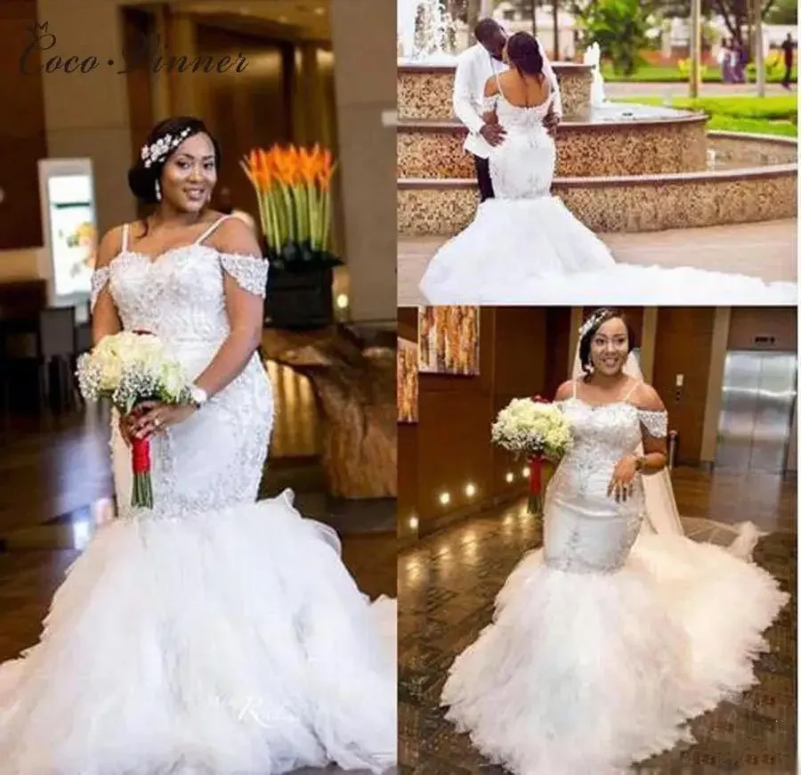 Customized Latest African Bridal Sexy Sequins Bust Ruffles Skirt Long Train Mermaid Wedding Dress 2025 Bridal Bride