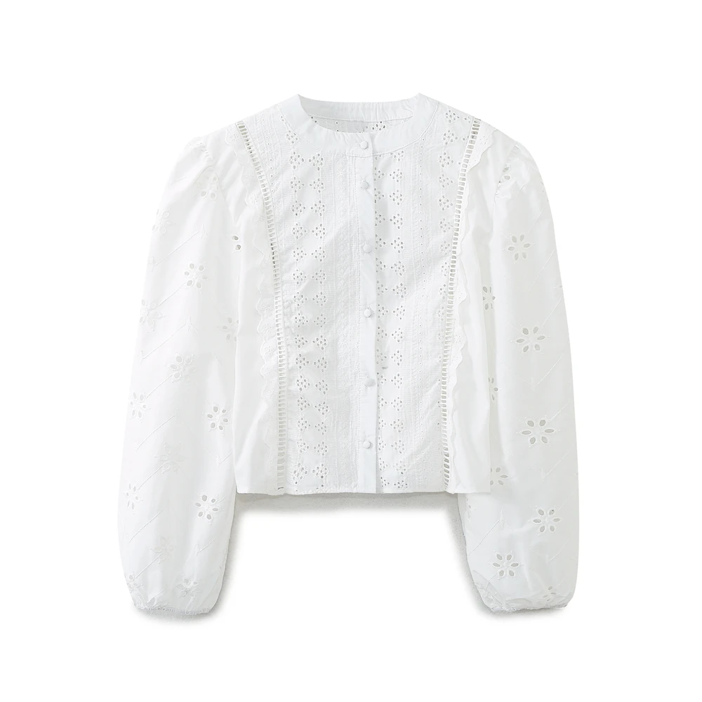 Tangada Women White Embroidery Cotton Shirt Puff Long Sleeve 2024 Fashion Female Crop Blouse Tops 6H031