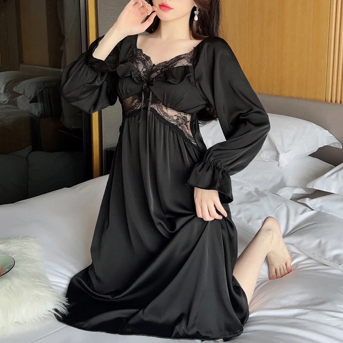 Female Long Nightgown Sleepwear Elegant French Princess Nightdress Sexy Patchwork Lace Bathrobe Nightwear Casual Satin Home Wear