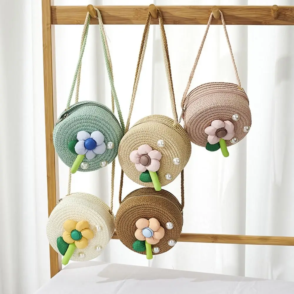 Cute Handmade Kids Straw Bag Woven Round Shoulder Bag Pearl Flower Summer Beach Bag for Children Girls