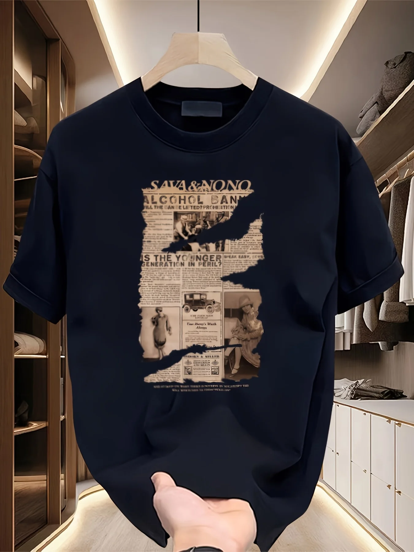 Retro Sepia Newspaper Graphic Tee 100% Cotton Mens T Shirt for Summer Daily Wear Features A Unique Distressed Visual Style