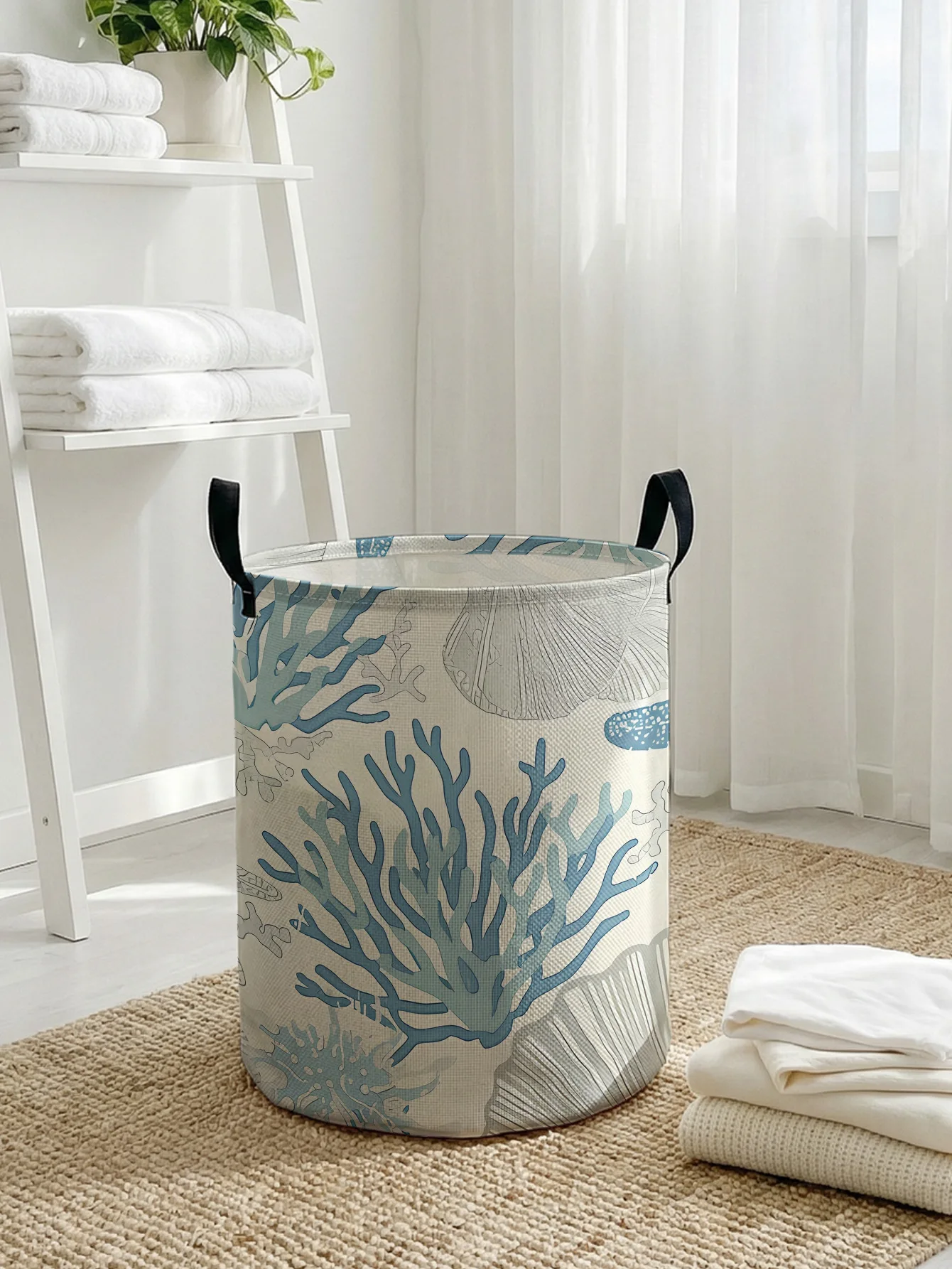 Ocean Coral Starfish Shell Print Foldable Large-Capacity Storage Basket, for Kids' Toys and Clothes, Home & Bathroom Use