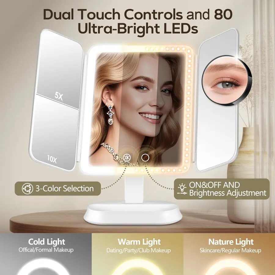 Mirror with Lights, Lighted Makeup Mirror with 30X 10X 5X Magnification, Rechargeable Trifold Mirror with 3 Color amp Adjustable