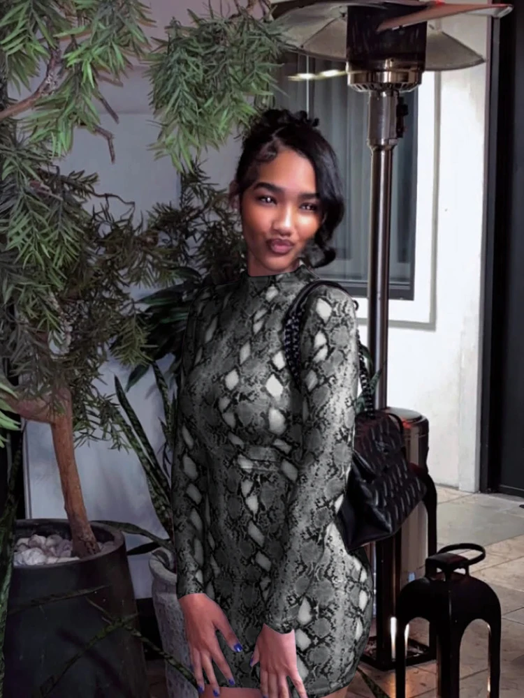 Kliou Serpentine Print Mini Dress For Woman o-Neck Full Sleeve  Skinny Stretch Hot Girl Midnight Club Party Sexy Fashion Bodycon