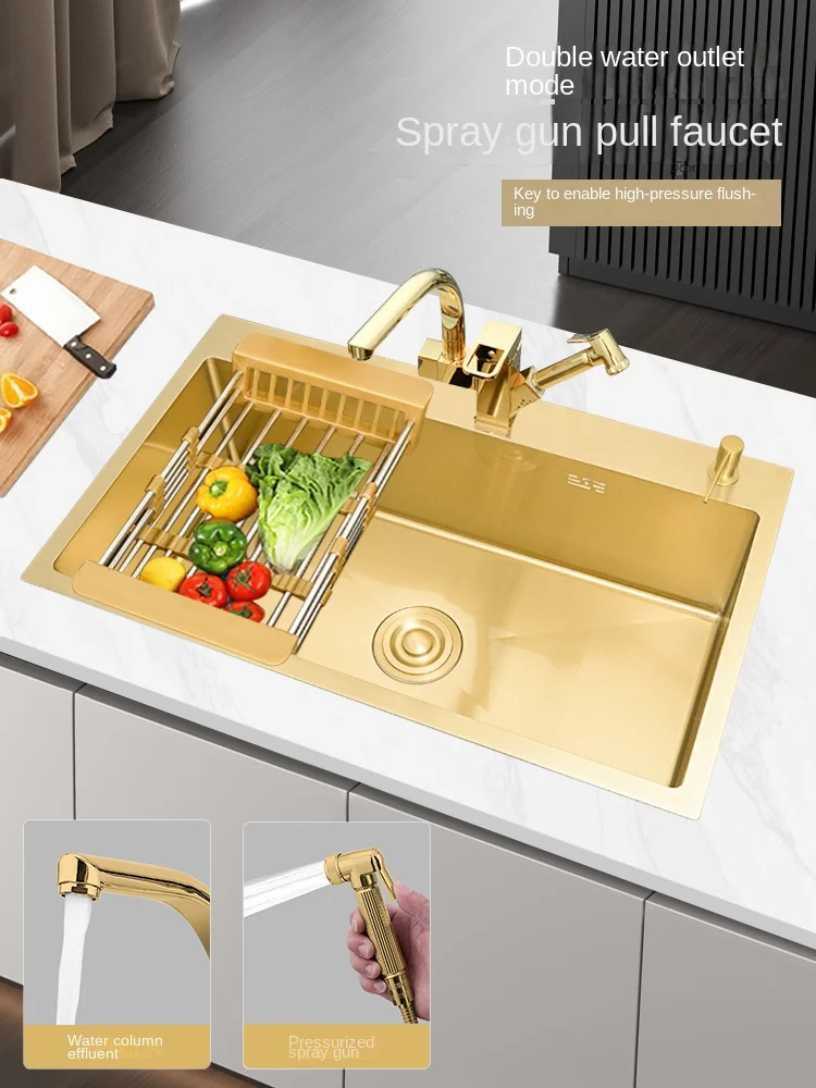 Light luxury gold waterfall sink large single  handmade kitchen  304 stainless steel undercounter basin