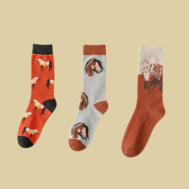 3 pairs of autumn and winter new socks cartoon horse contrasting retro midsole trendy versatile fun cute socks