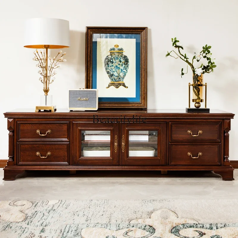 

D33American cherry wood all solid wood TV cabinet retro log furniture living room floor cabinet