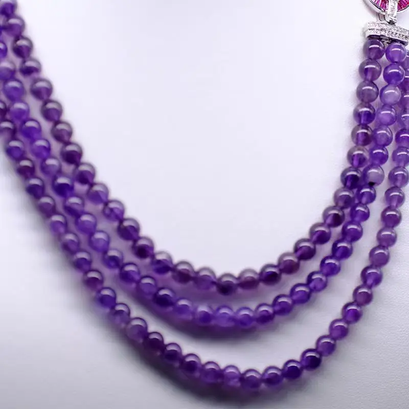 3rows Amethyst round 5-6mm necklace 43-46cm wholesale beads nature FPPJ