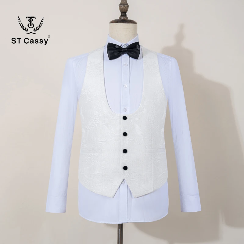 ST Cassy High Quality luxury Retro carving Slim Fit Tuxedo Prom Suit Fashion white Male Groom Wedding three-piece