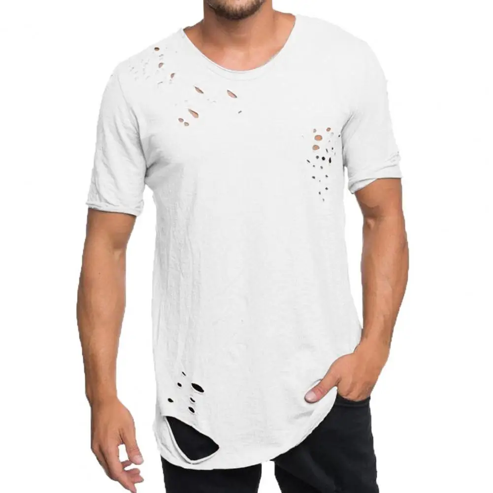 Cienki Hip Hop męski T-Shirt sportowy jednolity kolor nieregularne otwory Fitness T-Shirt męski letni Top odzież męska