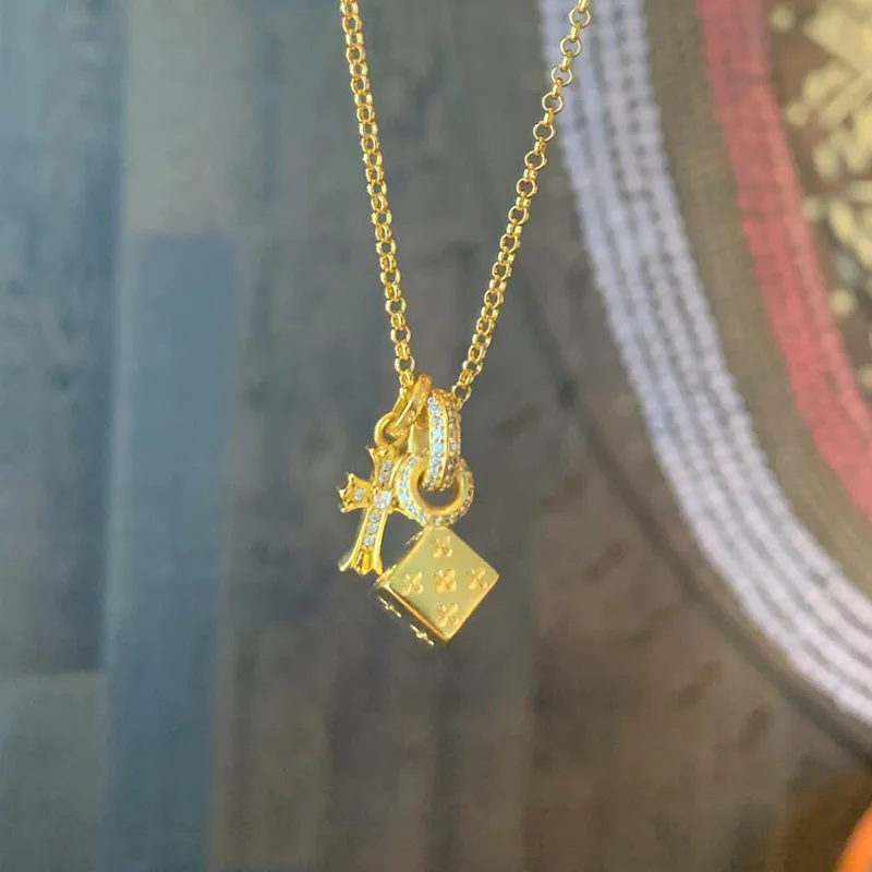 Vintage Gold Tone Solid Dice Paved Cross Run Ring Pendant Necklace Chic Designer Inspired Sweater Chain Jewelry For Unisex Wear