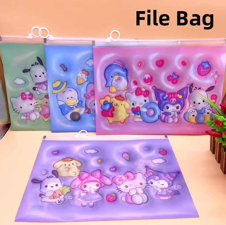 12pcs/lot Sanrio Kitty Melody Kuromi 3D File Holder Cute A4 Ring Document Bag Pencil Case Stationery Pouch Office School Supply