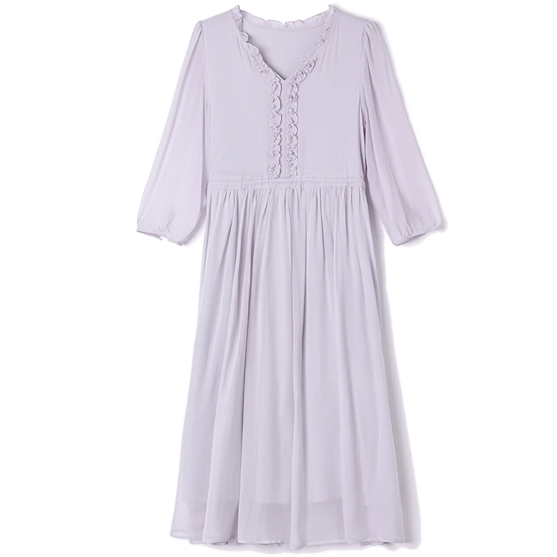 New Elegant Dresses for Woman Summer V-neck Three Quarter Sleeve Women's Solid Dress 100% Real Silk Women Long Dress A-line