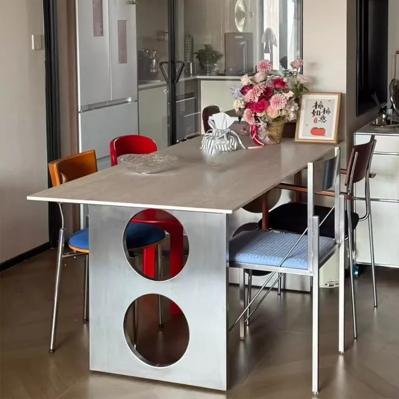 

New stainless steel rock slab dining table for antique household use, rock slab dining table Bauhaus rectangular dining table