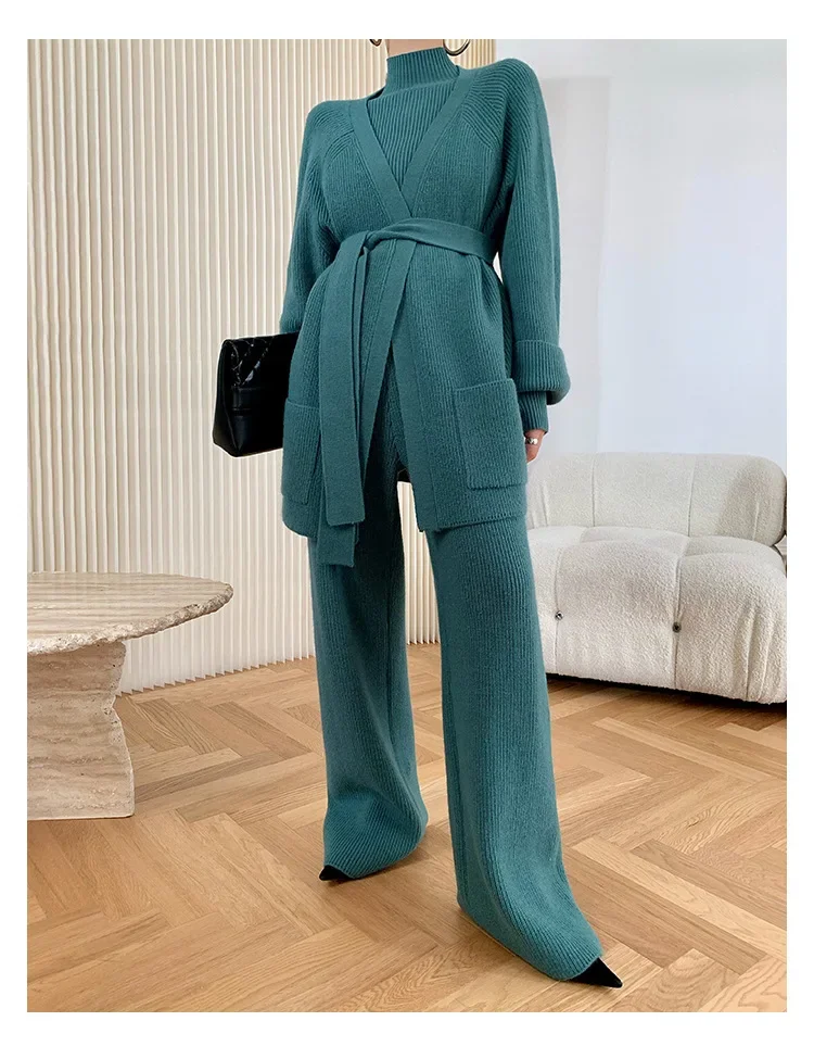 Knitting Suit Women Muslim 3 Piece Set Pullover Sweater Cardigan Pockets Lace Up Knitted Wide Leg Pants Outfits Casual Ensemble