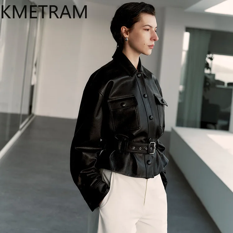 

KMETRAM Genuine Sheepskin Leather Jacket Woman Fashion Short Belted Coat Autumn Shirt Jackets Women Clothing 2026 jaqueta couro