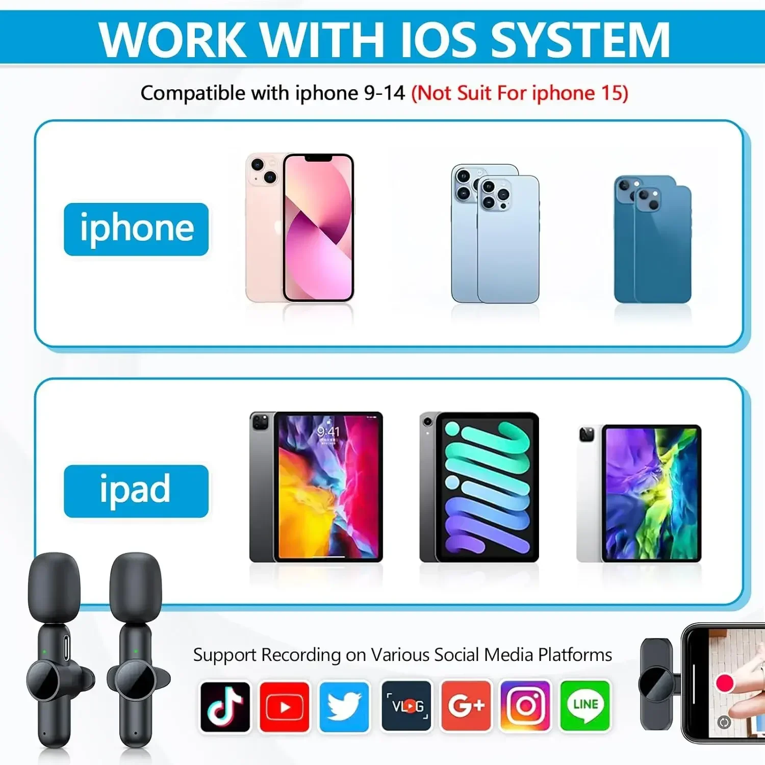 iPhone iPad 용 무선 라 발리에 마이크 Android 전문 비디오 녹화 인터뷰 용 미니 소음 차단 마이크