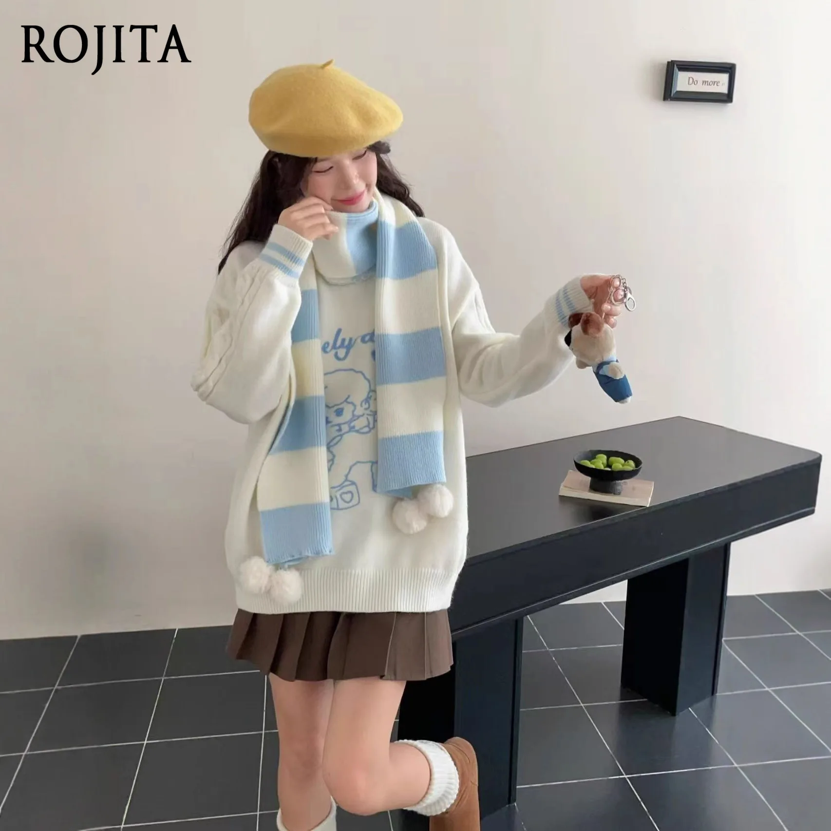 

Autumn Winter New Japanese Fashion Versatile Cartoon Lamb Cartoon Embroidered Scarf Matching Pullover Sweater for Women