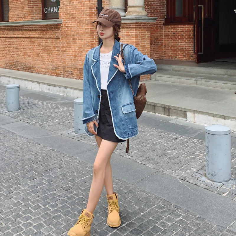 Raw Edge Suit Collar Denim Jacket Blazers Women 2023 Autumn New Single Breasted Streetwear Trendy Loose Coat Outerwear 8313