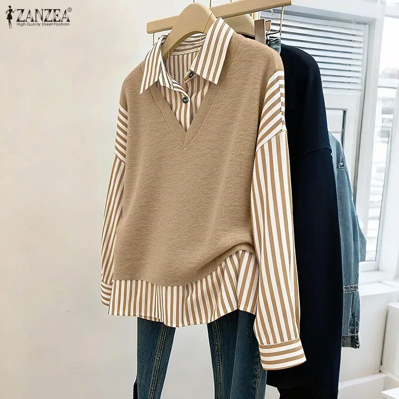 

ZANZEA Fashion Shirts Women Lapel Striped Patchwork Blouse 2026 Elegant Office Lady Tops Casual Long Sleeve Tunic Oversize Blusa