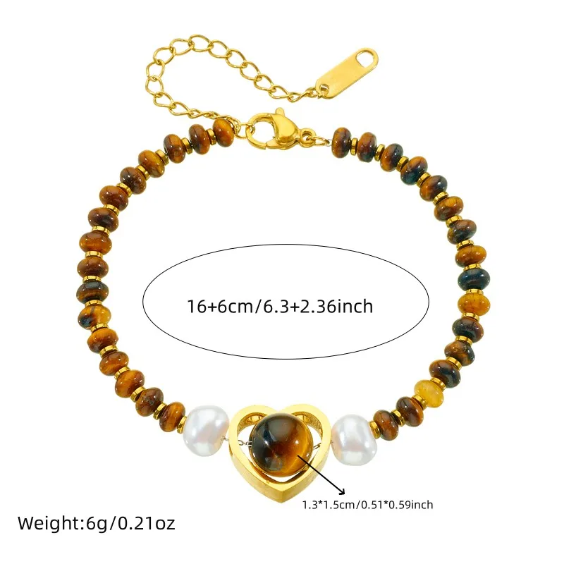 DIEYURO 316L Stainless Steell Maillard Wind Heart Tiger Stone Pearl Beaded Bracelet For Women New Trend Hand Chain Jewelry Gift