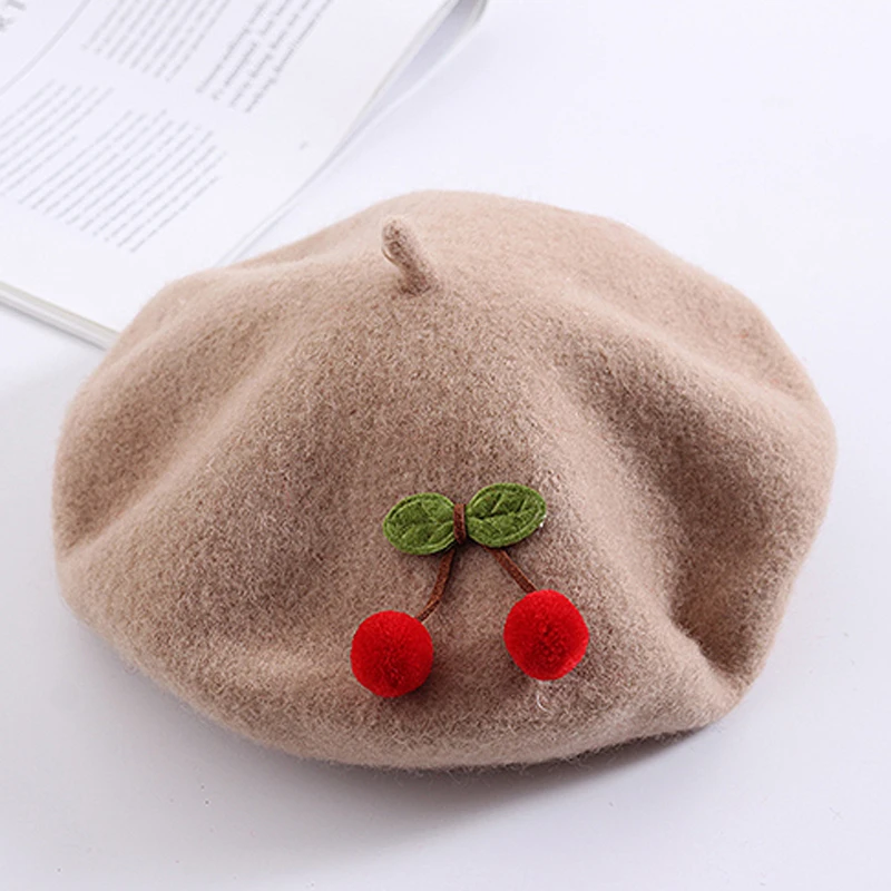 Spring Autumn Winter Girl British Painter Hat Female Wool Fashion Kawaii Red Cherry Women Beret Caps